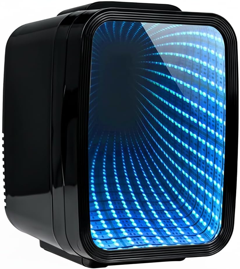 Crystals 4/10/15L Litre Mini Fridge, Table Top Small Fridge Cooler & Warmer for Car Bedrooms Desk Office, 12V DC - 220 AC, Mini Fridge for Bedrooms (RGB Infinity - BLACK, 4L Lights)