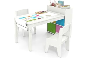 COSTWAY 3 in 1 Set Tavola d’Arte e 2 Sedie per Bambini, Tavolo in Legno con Rotolo di Carta per Disegnare, Mobile Montessori per Cameretta con Ripiani e 4 Cassetti in Tessuto Salvaspazio (Bianco)