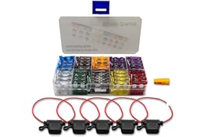 BeiLan Kit de 100pcs Standard Fusibles Planos Mezclado 18 * 19mm (2A 3A 5A 7.5A 10A 15A 20A 25A 30A 35A) con 5pcs Portafusible con Hilo In-Line, Cuchilla Estilo Adaptador Cable Fusible con Extrusor