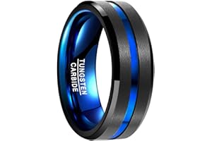 VAKKI 8mm Bague pour Homme Noir Brossé + Rainures Bleue Anneau en Carbure de Tungstène Alliance Bague de Fiançailles Taille 47 à 80