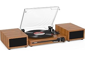 Udreamer Platine Vinyle avec 2 Haut-parleurs Stéréo Doubles, Vintage Tourne-disqu Bluetooth 5.3 Prend en Charge 3 Vitesses, Entrée Auxiliaire, Ligne RCA, USB,Lecture sans Fil, Jaune