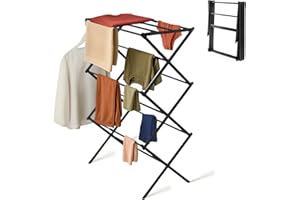 Straame 3-Tier Expandable Clothes Airer Indoor Outdoor – Slimline Drying Rack (Expanded:71×37×103 cm, Folded: 51×43×9 cm), 10 kg Capacity, Rust-Resistant, Non-Slip Feet, Heavy-Duty Design (Black)