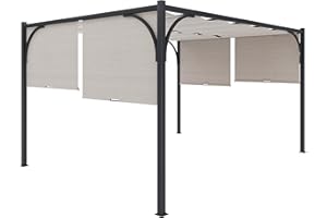 ARREDITALY Gazebo Pergola 3x3 M Pergolato Con Tetto Scorrevole Telo Colore Beige Impermeabile Retrattile Richiudibile Struttura Nera In Acciaio Giardino Terrazzo Piscina Esterno Campeggio Design Elegante Moderno