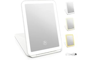 Delisouls Wiederaufladbarer Kosmetikspiegel Spiegel mit Beleuchtung, 3-Farben-Beleuchtung, Tischspiegel mit LED-Licht Dimmbarer Touchscreen Faltbarer Reise Reisespiegel