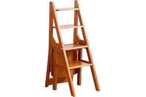 Earnmore Solid Wood Folding Library Ladder Chair Step Ladders Step Chair Foldable 4-Step Stool Dual Purpose Stepladders 4-Step Climb Step Display Stand Flower Stand (Color : Brown, Size : 46x35x90CM)