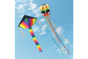 ‎XOCOME xocome Drachen für Kinder 2 Pack, 4 M Großer Oktopus-Drachen und Regenbogen Delta Drachen mit Langem Bunten Schwanz - inkl. 100m Drachenschnur - fur Outdoor Aktivitäten