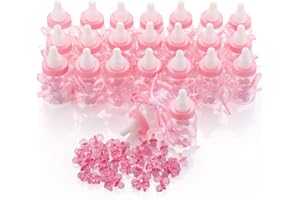 QILICZ 24 stück Flaschen Geschenk Box Gastgeschenke Taufe Baby-Süßigkeit Baby Candy Box Flasche Baby + 50 Mini Dekoschnuller für Mädchen Shower Babydusche Party Taufe Geschenkpaket Babyparty Rosa