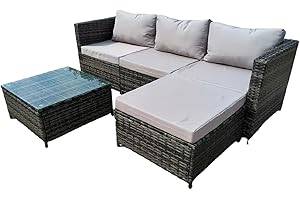 COZYBRITE Garden Corner Sofa Rattan Furniture Set 4 Seater Patio Outdoor Lounge Settee with Glass Coffee Table All-weather SFS066 (Mix Grey Rattan+Grey Cushion)