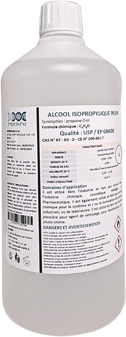 1L ALCOOL ISOPROPYLIQUE 99,9% EP/USP GRADE- Parfait comme solvant, nettoyant et dégraissant. Idéal pour nettoyer les disques, les composants électroniques, les objectifs...
