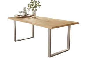 Liadomo Esstisch Isa Natur - Tisch mit Baumkante aus Massivholz - 26mm Tischplatte Lackiert - Robust & Pflegeleicht - Unikat - U-Gestell Metall, Silber (85 x 160 x 73 cm)
