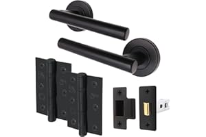 EAI Black Door Handle Latch Set | Round T-Bar Internal Door Handles, Latch (64mm), Hinges (76mm)| Matt Black Lever on Rose | Oliena Range