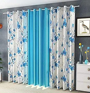 GS Traders Floral 3D Digital Print Heavy Long Crush Combo of 3 for Bedroom, Living Room and Home Curtains Set of 3 for Window (Aqua, Windows - 5 Feet)