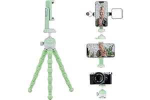Fotopro Flexible Tripod, Mini Phone Tripod Camera Tripod with Cold Shoe Phone Holder 360° Ball Head, Selfie Stick for Video Recording Vlog Live Streaming, Green