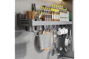 HOVOTO Gewürzregal, Gewürzregal Hängend, GewürzregaleKüchenregal wand ohne Bohren, Gewürz Organizer mit Messerschlitz, Haken, Becher, Küchenregal Wand für Gewürze, grau, 60cm