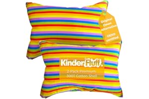 kinder Fluff Kids Pillow (2Pack) 16x24in - Youth Pillows for Kids Age 7+, 100% Cotton Sateen Stripes 300T, Down Alternative Fill, Machine Washable - Children, Decor & Travel Cushion - Rainbow - L