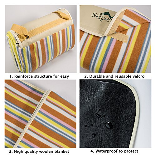 Supertrip Extra Large Picknickdecke wasserdichte sanddichte Fleece Picknickdecken Campingdecken Stranddecke mit Tragegurt Farbe Orange Streifen - 3