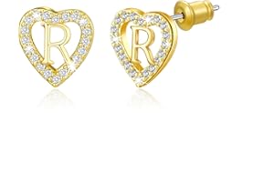 MISS CHIPMUNK Heart Stud Earrings for Girls Women14K Gold Plated Hypoallergenic Heart Shaped Cubic Zirconia Alphabet Letter Earrings Birthday Gifts for Women
