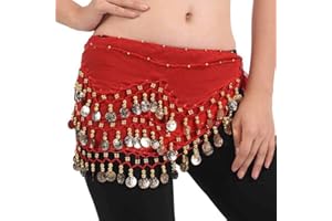 FLOFIA 1 Stück Damen Bauchtanz Gürtel Chiffon Hüfttuch Bauchtanz Münztuch Bauchtanz Münzgürtel Tanztuch Bauchtanz Kostüm mit 128 Münzen für Mädchen Frau Schwarz/Rot/Blau