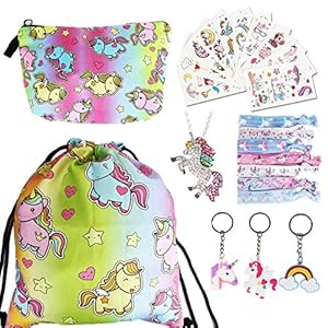 URAQT 23PCS Lindo Unicornio Mochila con cordón/ Bolsa de Maquillaje / Llavero / Collar / Unicornios de Pelo Corbata / Unicornio Tatuaje Pegatina para Regalo de Fiesta de cumpleaños,Originale