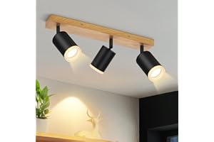 ZMH Projecteur plafonnier à 3 branches spots plafonnier noir - Lampe de cuisine en bois projecteur mural GU10 orientable à 350° vintage projecteur de cuisine style rétro spots (sans ampoules)