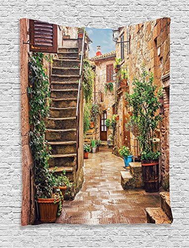 THndjsh Tuscan Decor Tapestry, View Of An Old Mediterranean Street With Stone Rock Houses In Italian City Rural Culture Print, Bedroom Living Room Dorm Decor, 40 W x 60 L Inches, Multi