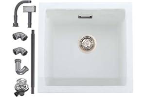iAnomla Quartz White Kitchen Sink, 45x45cm/18x18in, Composite Inset/Undermount Kitchen Small Sink Waste Kit,Single Bowl Commercial with Overflow, Suitable for Workstation