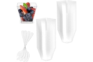 Fousenuk 2oz/60 ml tasses coupes gobelets à dessert avec cuillères plastique,50 pièces verrines à dessert réutilisables transparents Carrés pour pudding, mousse, crème glacée, anniversaire, mariages