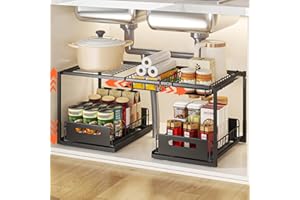 YunNasi Rangement Sous Evier, Extensible Organisateur à 2 Niveaux en Métal, Hauteur Réglable Coulissant Tiroir Étagères pour Placard Meuble Cuisine Salle Bain(Noir, B-Style)