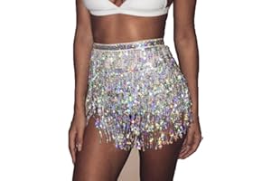 SINLOV Belly Dance Skirts Dancing Hip Tassel Scarf Belt Sequin Wrap Skirt Rave Costume for Women Girls (Light Blue)