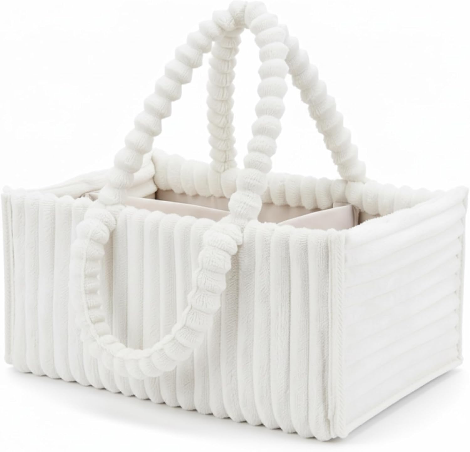 Baby Diaper Caddy, Portable Diaper Caddy with Removable Dividers, Soft Flannel Storage Bin for Baby Essentials, Toys, and Supplies, White