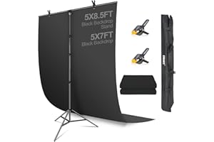 EMART Hintergrund Schwarz mit Ständer 1,5 x 2,6 m, T-förmigem Hintergrund Ständer mit Schwarz Hintergrund und 2 Hintergrundklemmen für Streaming, Photo Video Studio