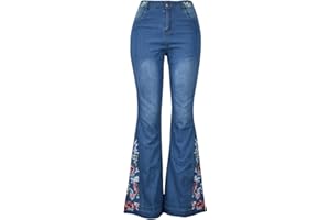 SEMEN Women Flared Fit Jeans Washed Long Denim Pants with Floral Embroidery Bell Bottom