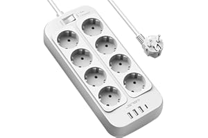 JSVER Multiprise Electrique,Bloc Multiprise 8 Prises(3680W 16A) avec 4 Ports USB Chargeur (3 USB A+1 USB C) Prise Multi Parasurtenseur Parafoudre et Surtension avec Interrupteur Cable 2m-Blanc