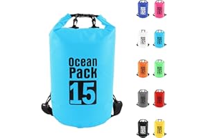 POPOYU 15L Sac étanche Polyvalent, 2L/5L/10L/15L/20L/30L Bleu Ciel Waterproof Dry Bag avec Longue Bandoulière Réglable Sac à Dos Confort Imperméable pour Bateau/Kayak/Pêche/Rafting/Natation/Camping/Snowboard
