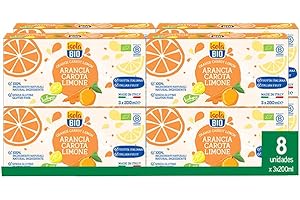 ISOLA BIO - Pack de 24 Unidades de Zumo Ecológico de Naranja, Zanahoria y Limón de 200 ml - Sin Conservantes Ni Colorantes - Apto para Consumo Vegano - Endulzado con Agave