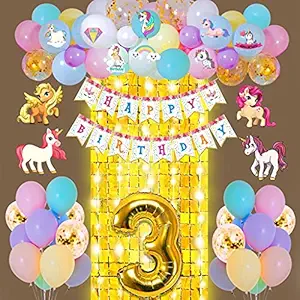 Party Propz Unicorn Theme 3rd Birthday Decorations for Baby Girl Combo - 63Pcs Items Set for 3 Years Birthday Decorations for Girl - 3rd Birthday Party Decorations,Birthday Decorations kit for Girls 3rd birthday/ Baby Birthday Decoration Items 3 Year