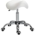 HOMCOM Cosmetic Stool 360° Rotate Height Adjustable Salon Massage Spa Chair Hydraulic Rolling Faux Leather Saddle Stool Mobility, Cream