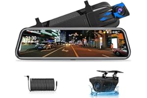 Jansite 10" Mirror Dash CCM Cámara Frontal de Coche Pantalla Tácti Retrovisor, Delantera y Trasera 1080P Streaming Media con Cables de 10 m Lente Doble Súper Visión Nocturna Gran Angular de 170°