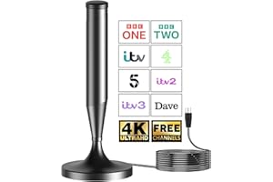 SZKALAK Indoor TV Aerial with Magnetic Base – Digital Freeview HD Aerial for Smart TVs, 360° Reception up to 250 Miles, Supports 4K 1080p, DVB-T2 Compatible, 5m Coax Cable, Easy Setup