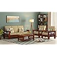 Home furniture Wooden Sofa Set for Living Room and Office 5 Seater Natural Teak Finish,Cream Color Cushion