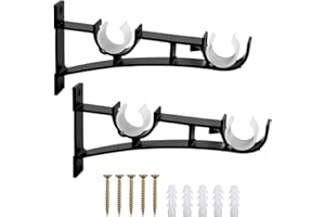 JOYAN 2 Pezzi Staffa per Bastone per Tende, Doppio Supporto per Bastone per Tende, Bastone per Tende Supportato, Accessori per Tende con Viti Nero, Staffe per Aste per Tende, Diametro Asta Adatto 25-32 mm