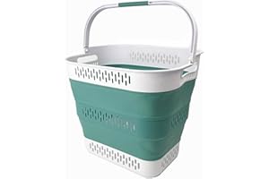 SAMMART 40L Collapsible Plastic Laundry Basket with Handles - Foldable Pop Up Storage Container/Organizer - Portable Laundry Hamper - Space Saving (1, White/Celadon Green)