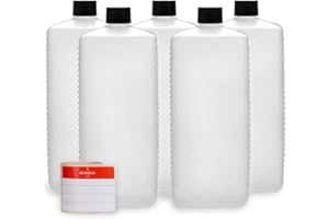 Octopus Bouteille en Plastique 5 x 1000 ML, Bouchon à Vis Noir, Bouteilles Carrées, 5 Étiquettes Incluses