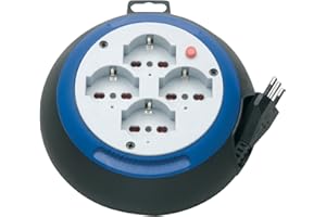 Prolunga Elettrica con Avvolgicavo Brennenstuhl 1100535 | Prolunga Elettrica 3 Metri Ultrapiatta e Pratica | 4 prese Polivalenti (10/16A + Schuko) | Altezza Solo 6cm | Diametro 18cm | Colore Nero/Blu