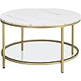 VASAGLE Coffee Table, Living Room Table, Sofa Cocktail Table Faux Marble Round, Tempered Glass Storage Shelf, Easy to Assemble, Modern Style, for Living Room, Marble White and Metallic Gold LCT071W59