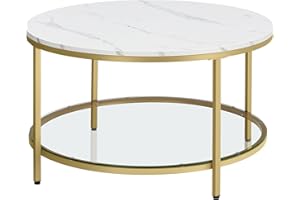 VASAGLE Tavolino da Salotto Rotondo, Tavolino da Caffè, Tavolo con Piano Effetto Marmo, Ripiano in Vetro Temperato, Montaggio Facile, Moderno, Soggiorno, Bianco Marmo e Oro Metallico LCT071W59