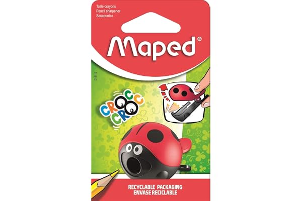 Maped - Taille-Crayons Croc Croc Easy Coccinelle - avec Réservoir et 1 Trou - Pince Facile à Ouvrir pour les Enfants dès 4 ans - Compact et Fun - Packaging Recyclable 18114 Multicolore