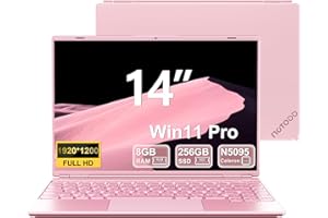 NOTODD 2025 Ordinateur Portable 14 Pouces Win11 Pro PC Portable Gamer Celeron N5095 8Go RAM 256Go SSD Soutien Extension 1TB(TF 512Go) 1920x1200 Mini HDMI Laptop Type-C AZERTY Clavier Couverture-Rose