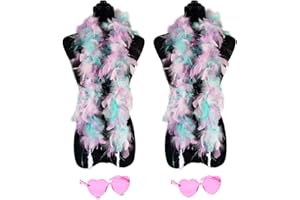 db11 2 Pcs Feather Boas with Heart Rimless Sunglasses，4 ft Feather Boa Halloween Christmas Bachelor Party Pack Accessory (Colorful)