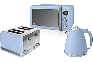 Retro Kitchen Pack by Swan - Digital Microwave 800w 20L, Jug Kettle 1.5L and 4 Slice Toaster - 3 Appliances for A Modern Kitchen Design (Blue)